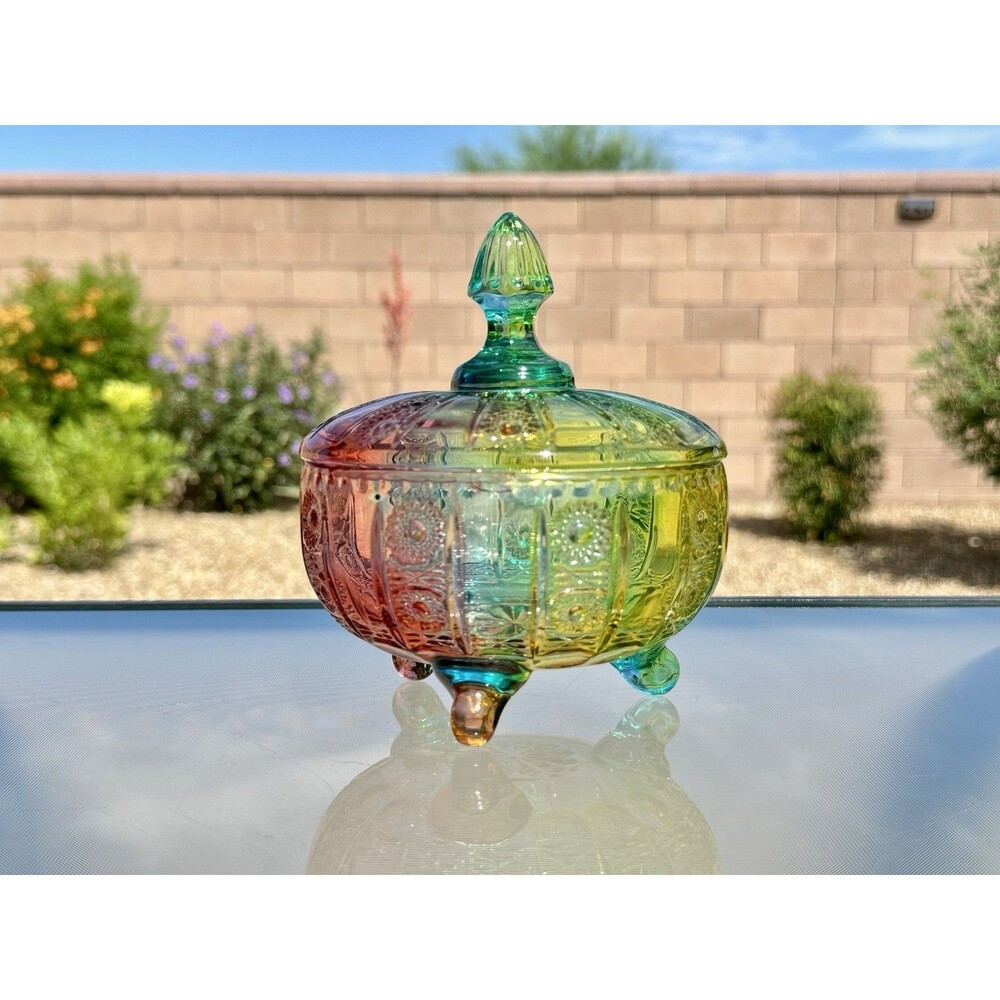 Glass Candy Dish Rainbow Jar 16oz Colorful Embossed Vintage Bowl with Lid